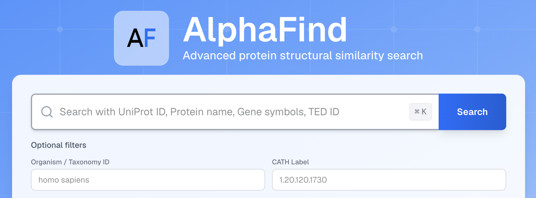 The AlphaFind v2 search page.