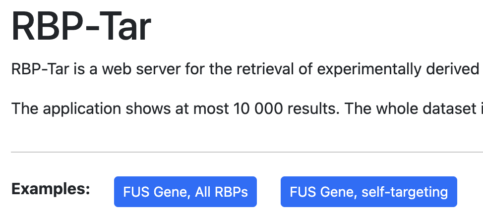 The RBP-Tar search page, with its example queries.